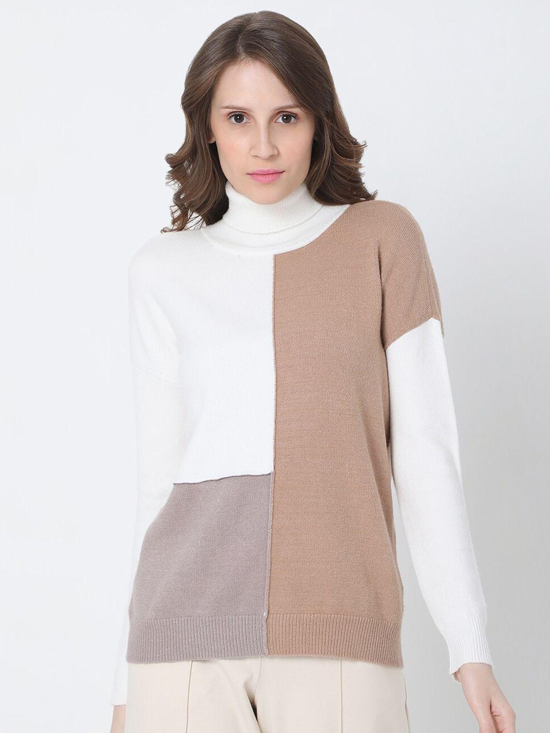 vero moda women white & brown colourblocked pullover