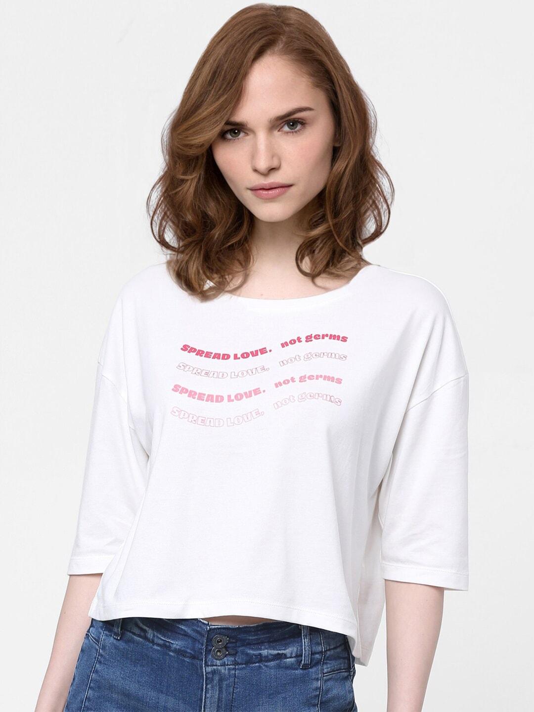 vero moda women white typography printed drop-shoulder sleeves cotton crop t-shirt
