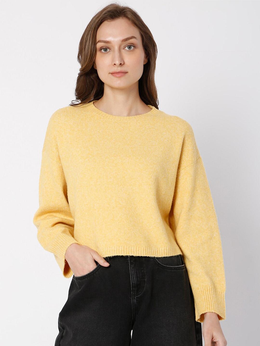 vero moda women yellow solid polyester round neck pullover