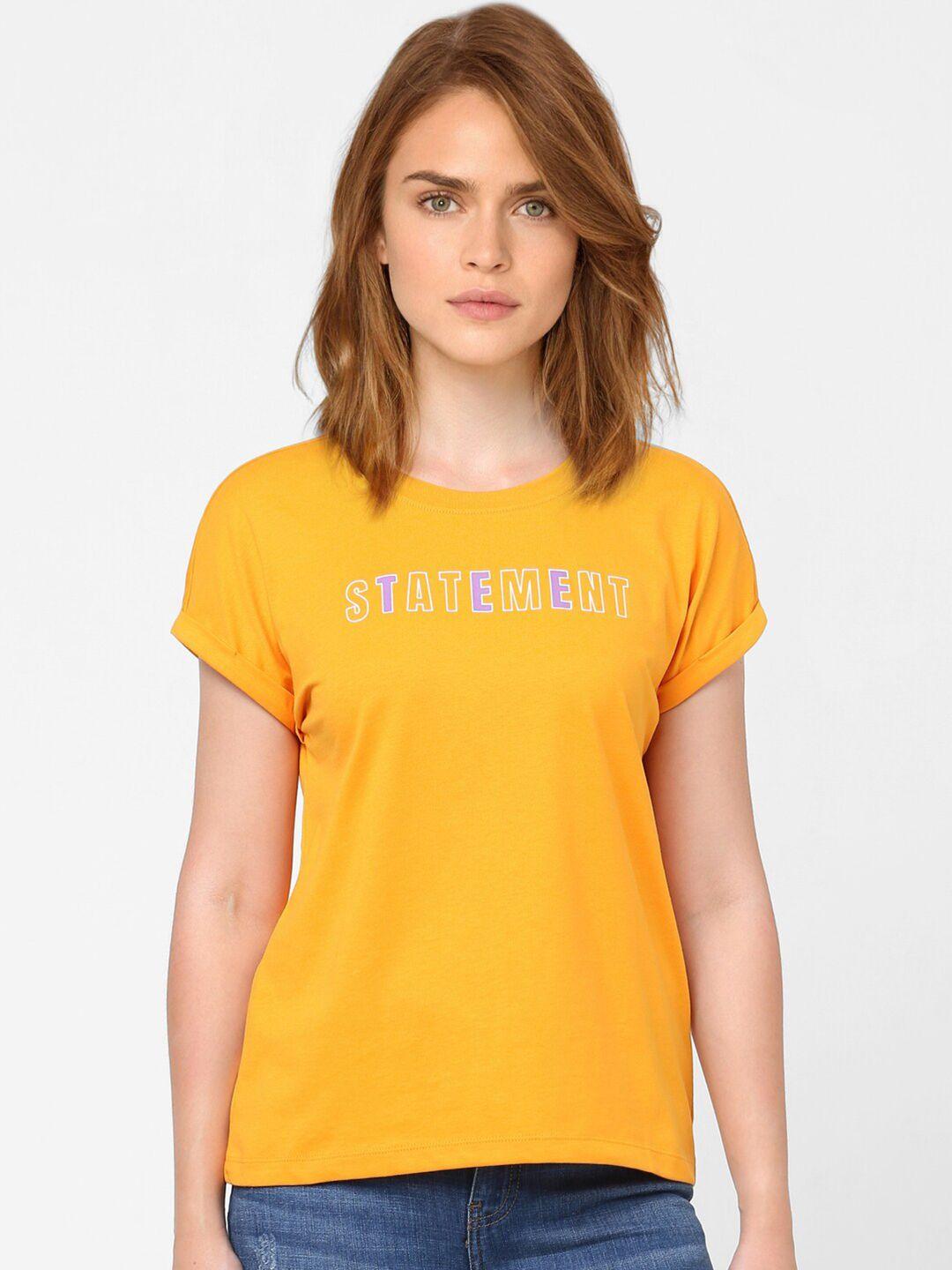 vero moda women yellow typography printed cotton t-shirt
