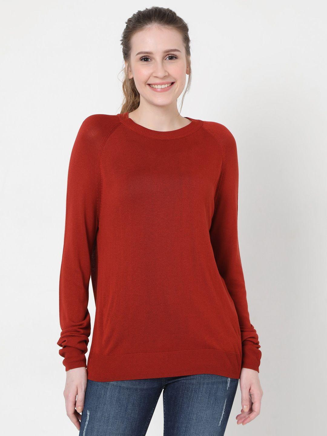 vero moda women's rust solid full sleeved sweater