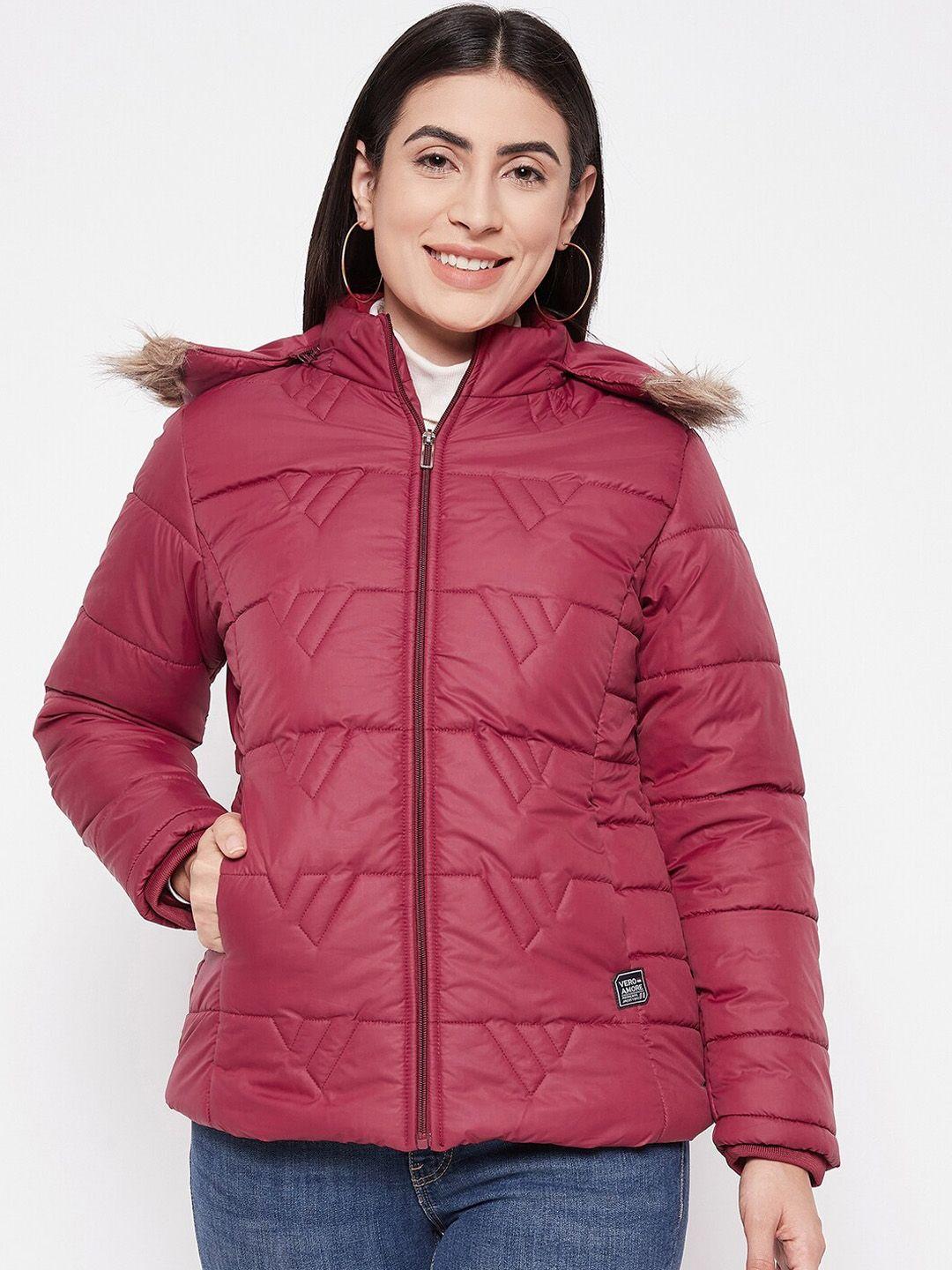 vero amore hooded lightweight quilted jacket with faux fur trim