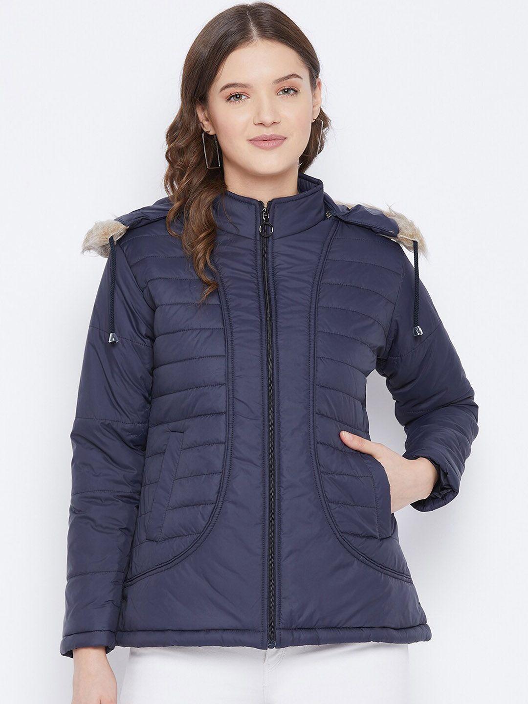 vero amore women navy blue solid insulator padded jacket with detachable hood