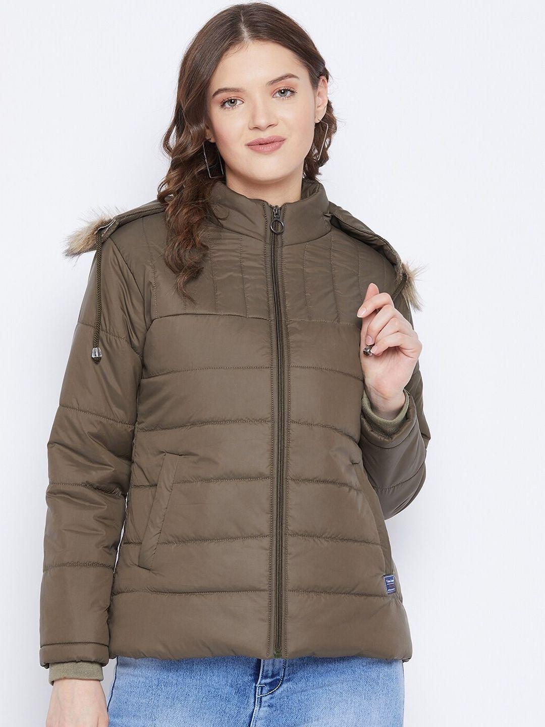 vero amore women olive green solid insulator padded hooded jacket with faux fur trim