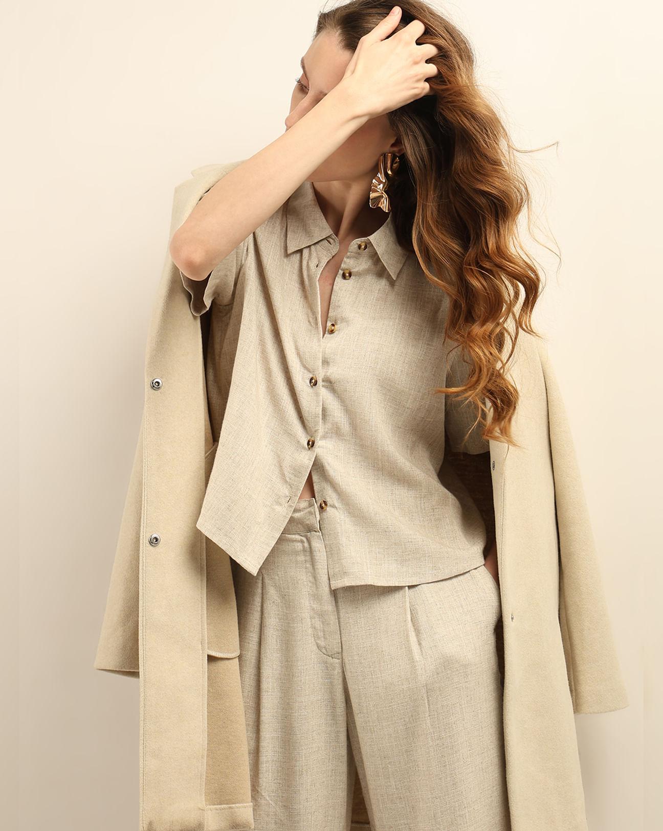 vero moa beige linen co-ord set shirt