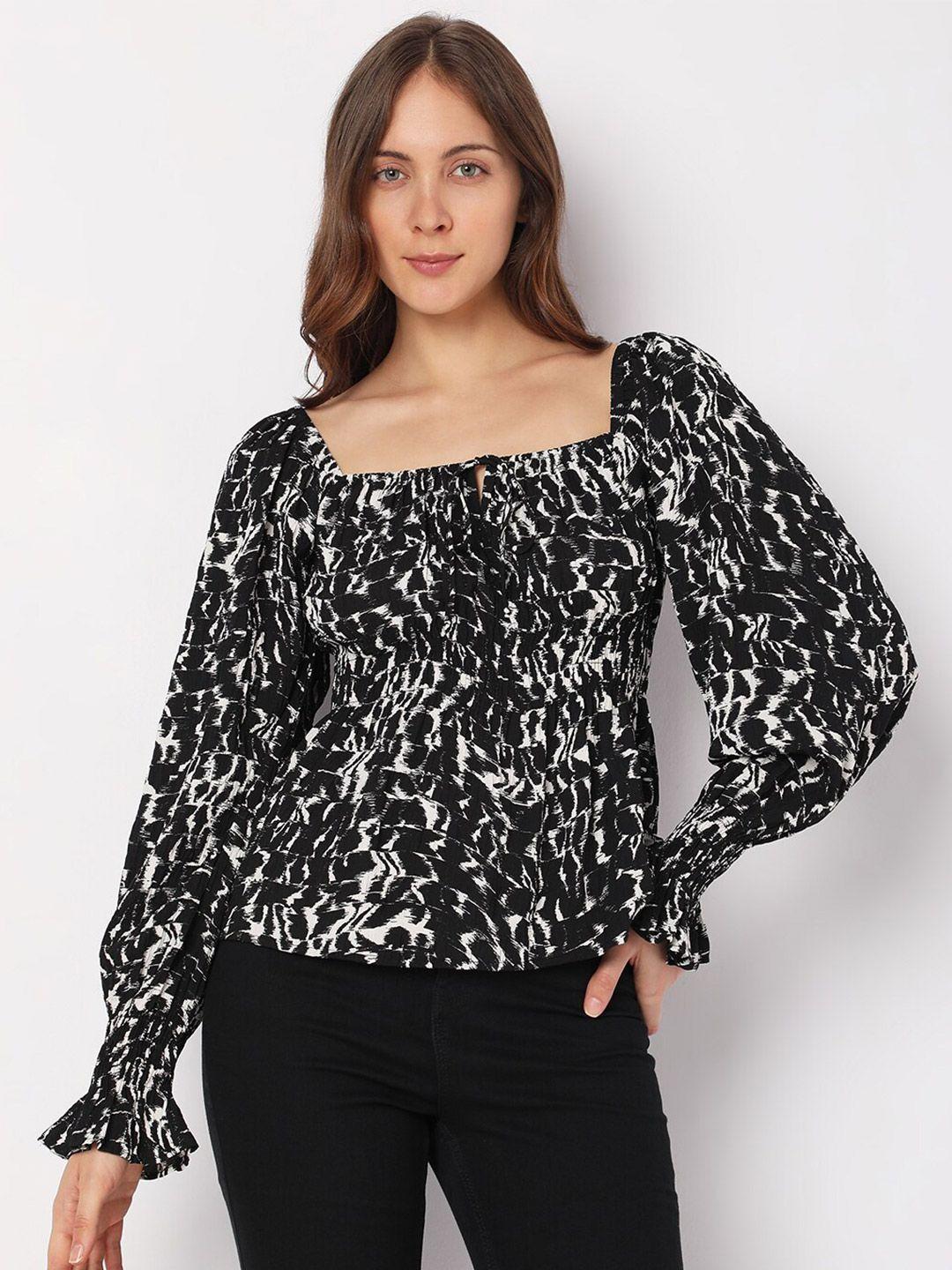 vero moda abstract print tie-up neck bishop sleeves top