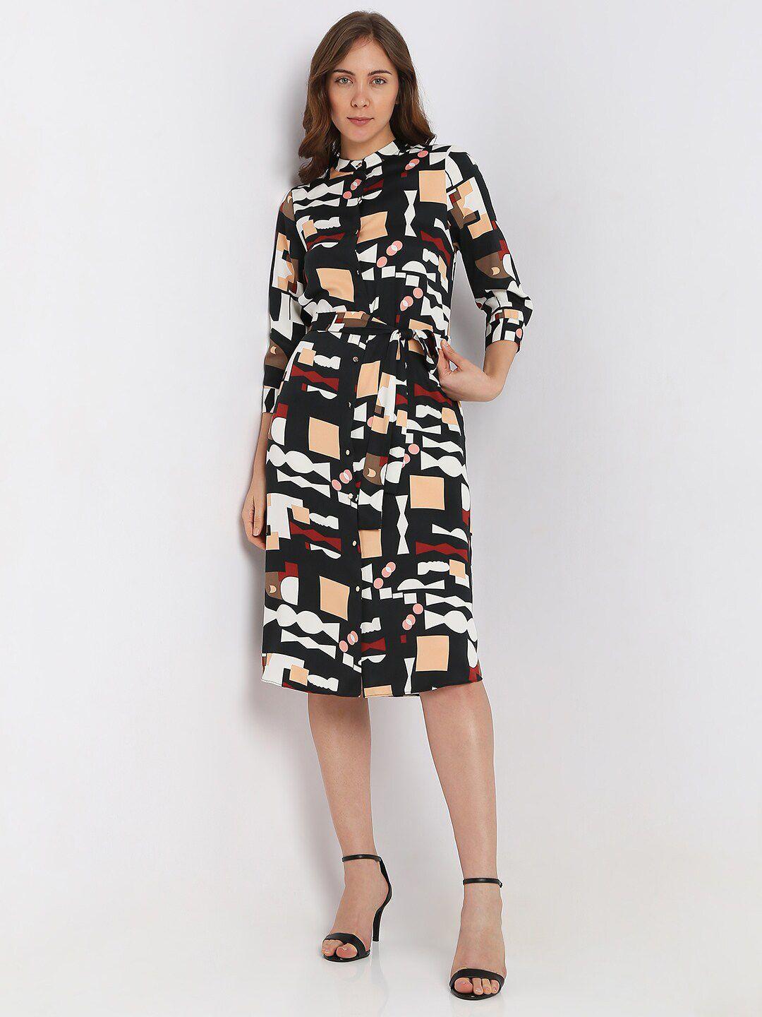 vero moda abstract printed cuffed sleeves belted shirt dress