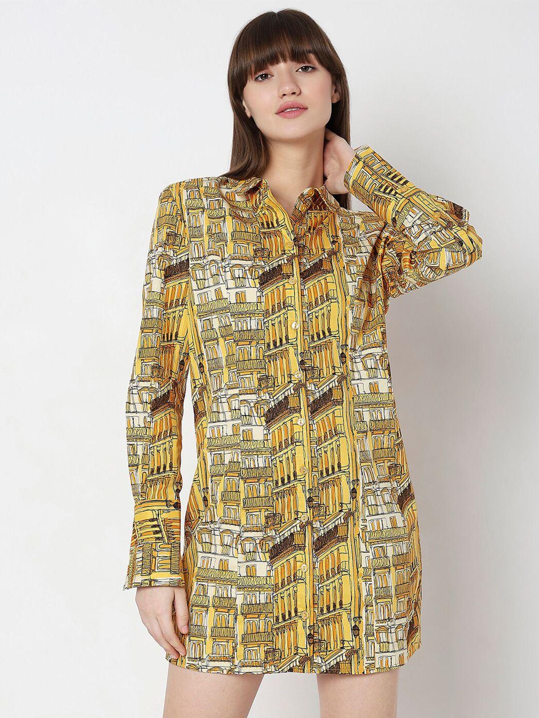 vero moda abstract printed cuffed sleeves cotton shirt dress