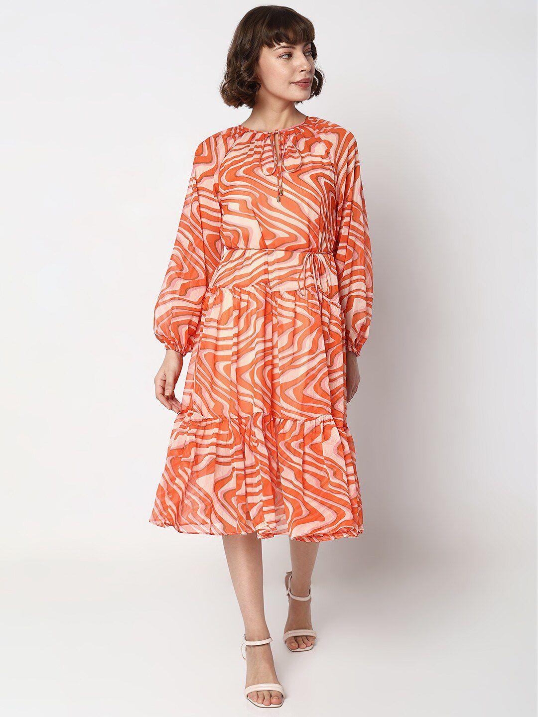 vero moda abstract printed tie-up neck puff sleeve tie-up tiered fit & flare dress