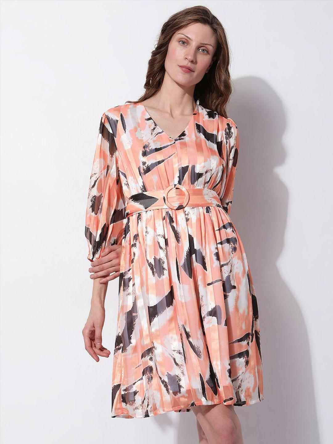 vero moda abstract printed v-neck puff sleeves a-line dress