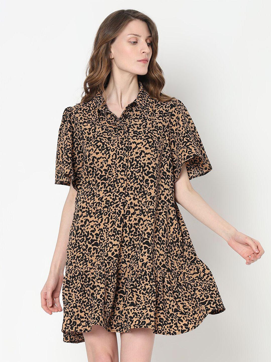 vero moda animal print flared sleeve ruffled a-line dress