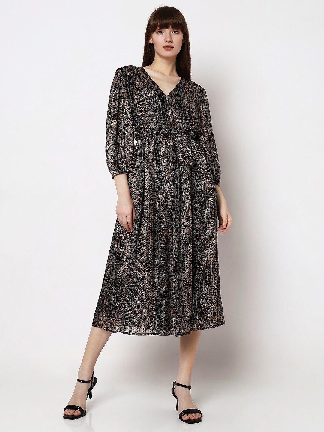 vero moda animal printed v-neck puff sleeves a-line midi dress