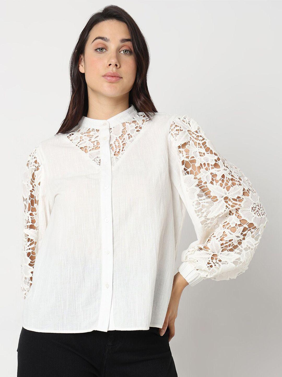 vero moda band collar cotton lace casual shirt