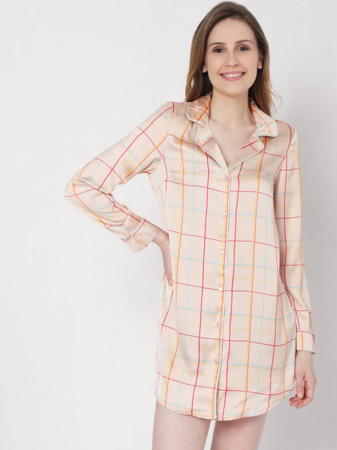 vero moda beige & coral checked shirt mini dress