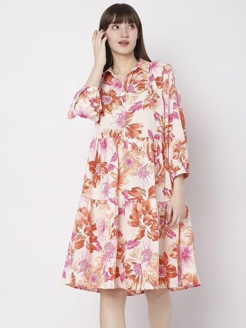 vero moda beige & pink floral print a-line dress