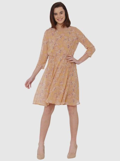 vero moda beige polyester floral print a-line dress