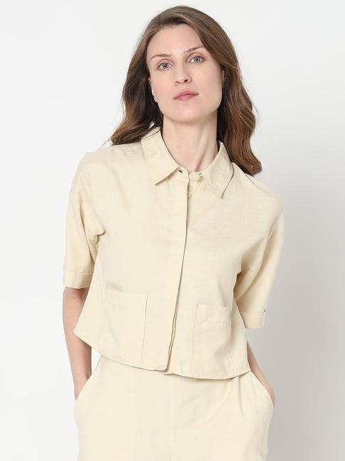 vero moda beige relaxed fit crop shirt