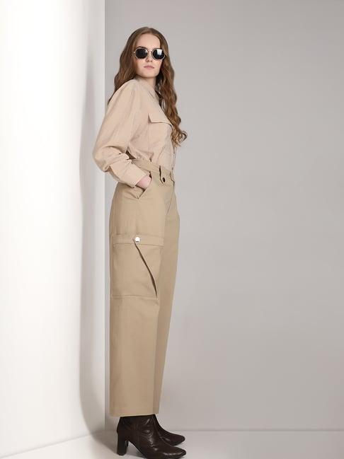 vero moda beige straight fit high rise trousers