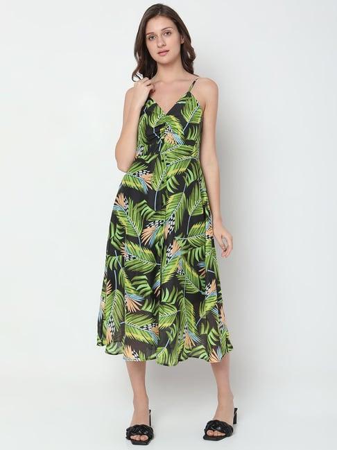 vero moda black & green printed midi dress