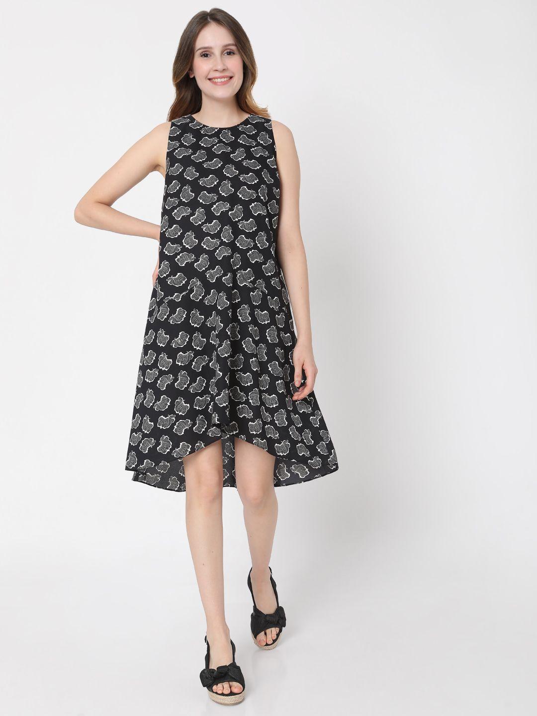 vero moda black & grey floral print drop-waist dress