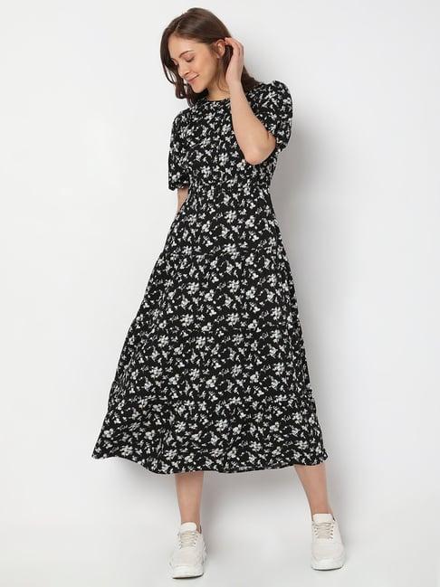 vero moda black & white floral print midi dress