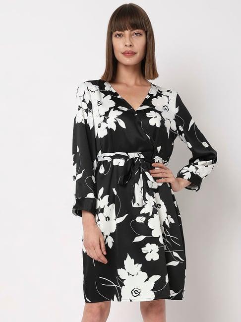 vero moda black & white floral print wrap dress