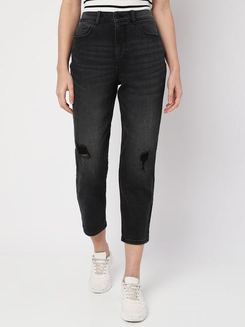 vero moda black cotton distressed high rise mom jeans