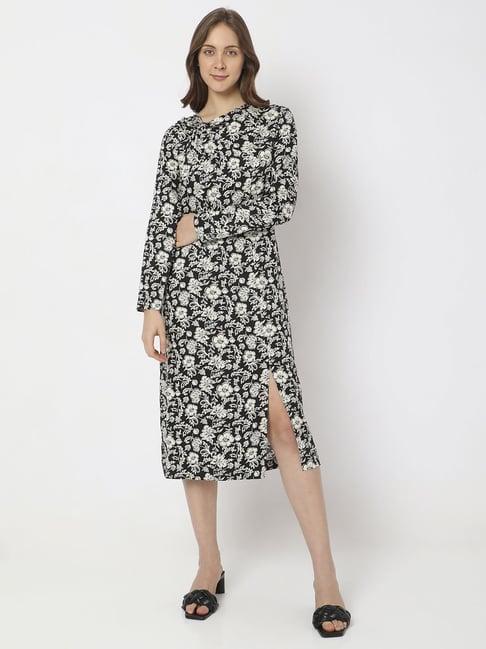 vero moda black floral print a-line dress