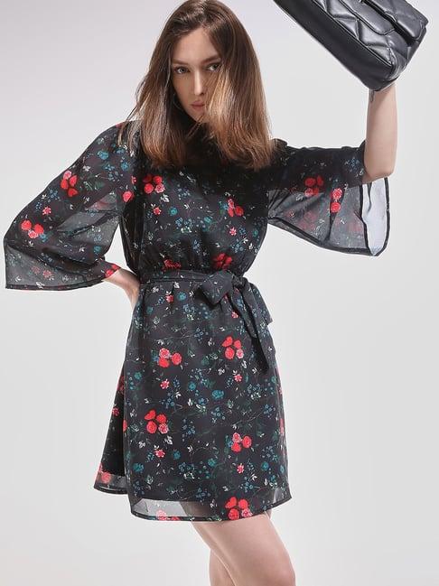 vero moda black floral print a line dress