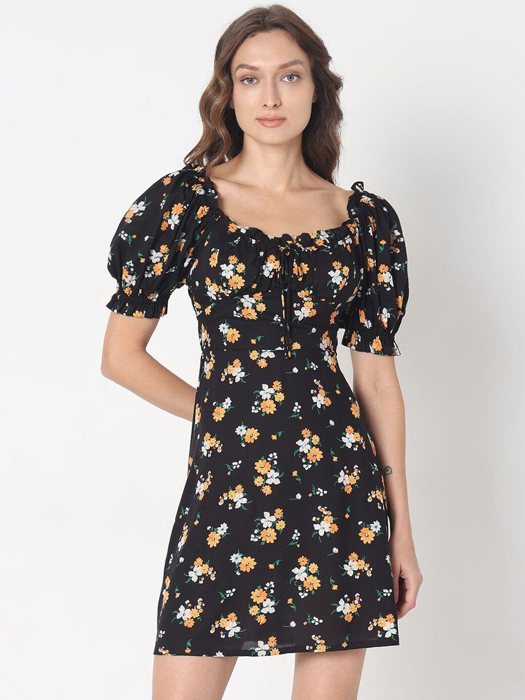 vero moda black floral print puff sleeve fit & flare mini dress