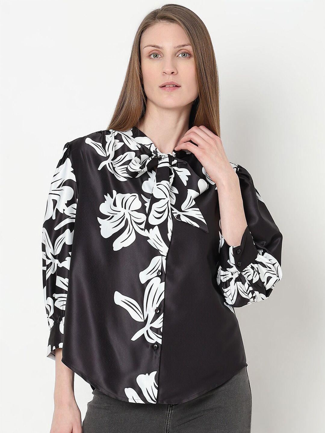 vero moda black floral print tie-up neck bishop sleeves top