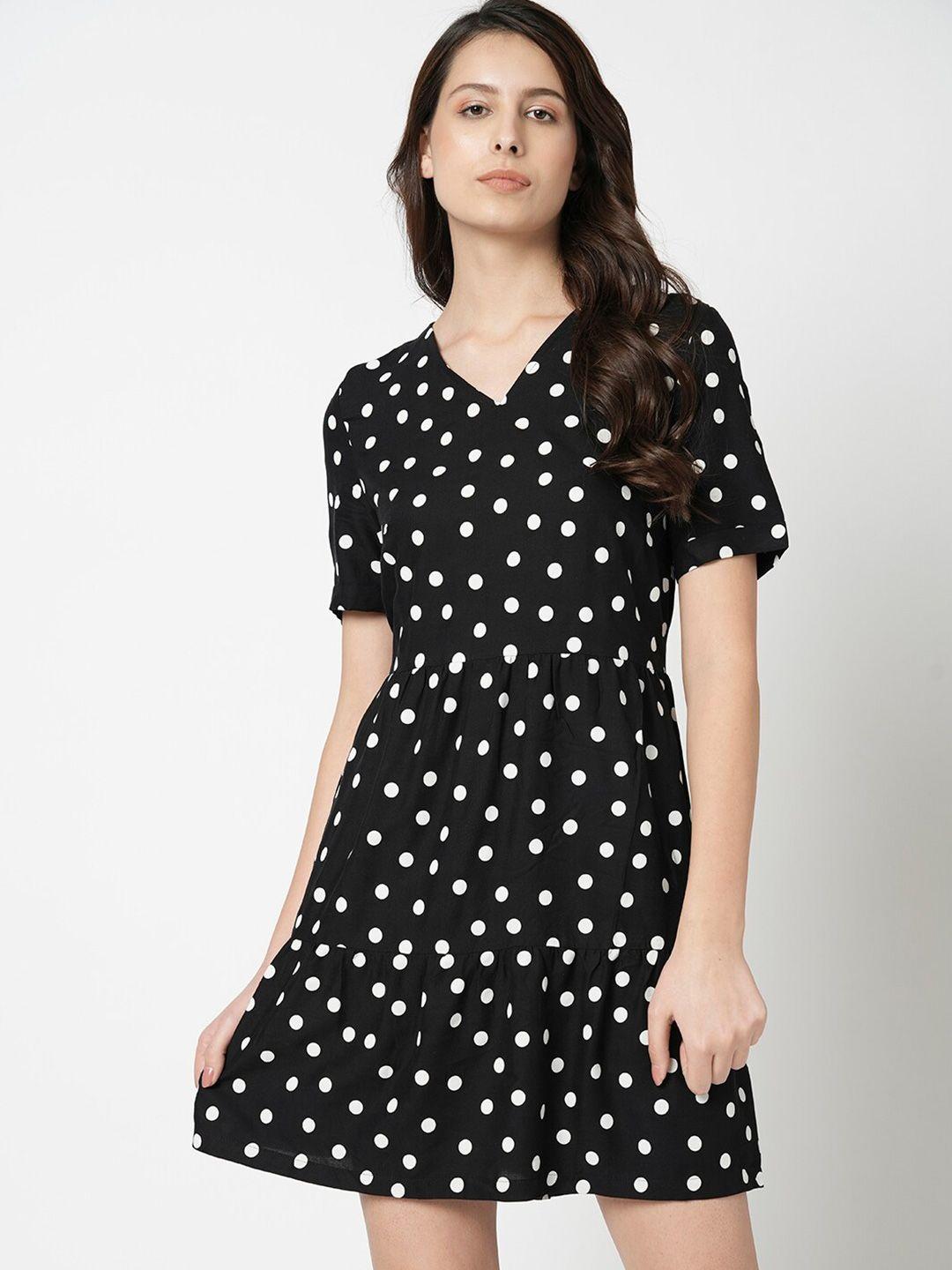 vero moda black polka dot print ruffled fit & flare dress