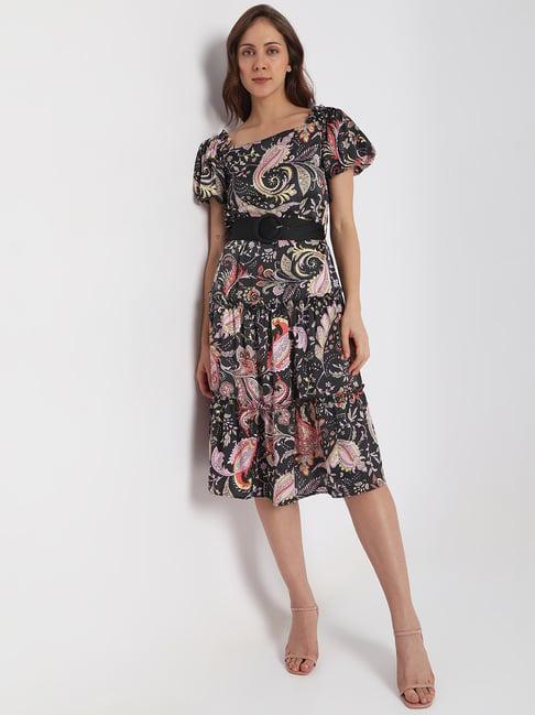 vero moda black printed midi a line dress