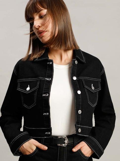 vero moda black regular fit cropped denim jacket