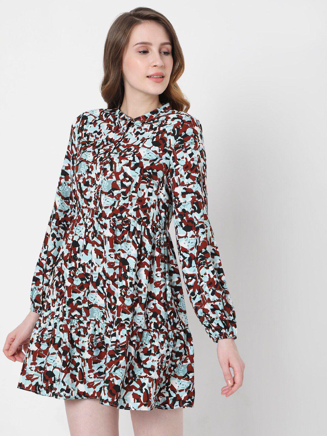 vero moda blue & brown abstract printed fit & flare dress