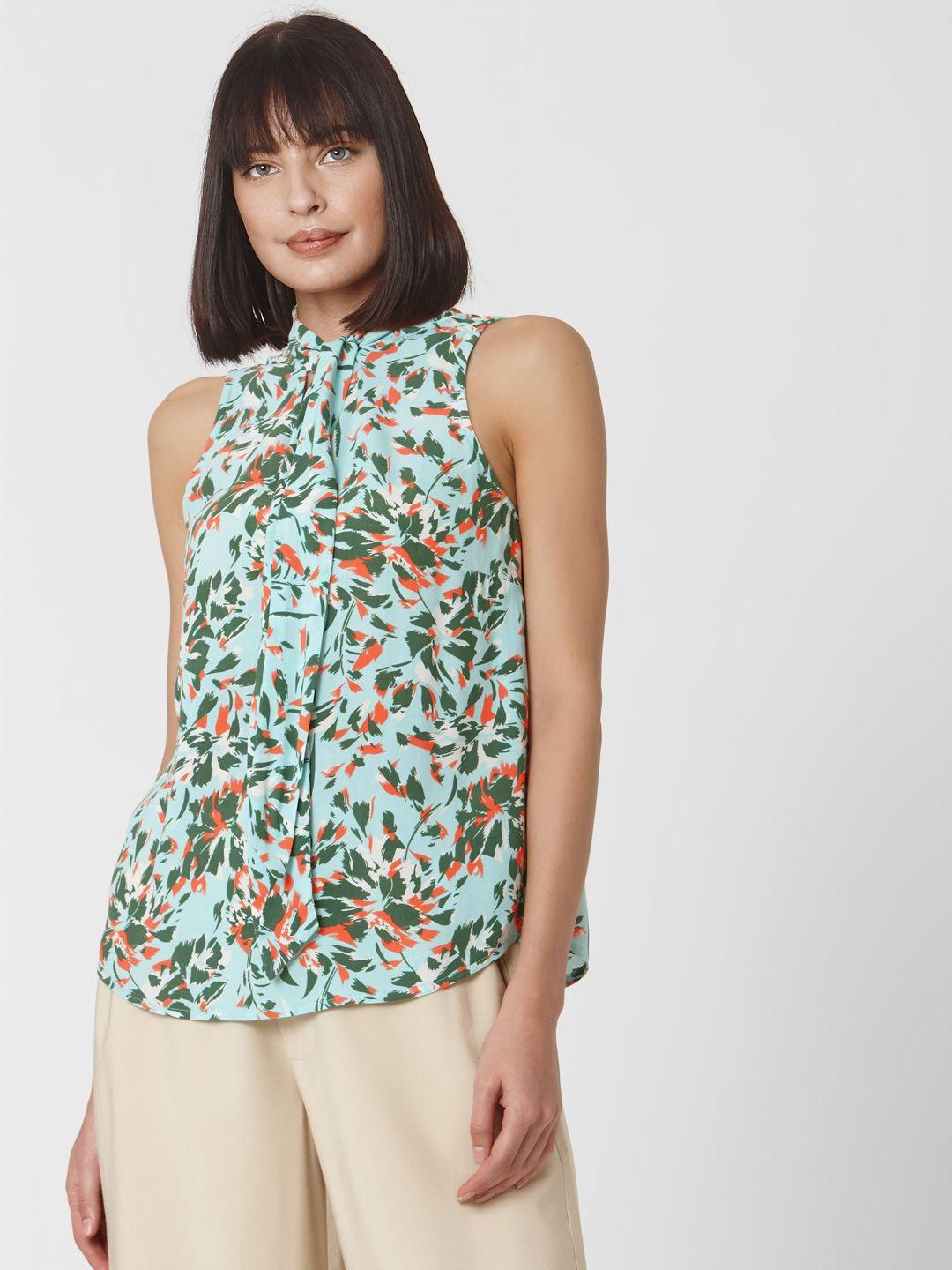 vero moda blue & green floral print tie-up neck regular top