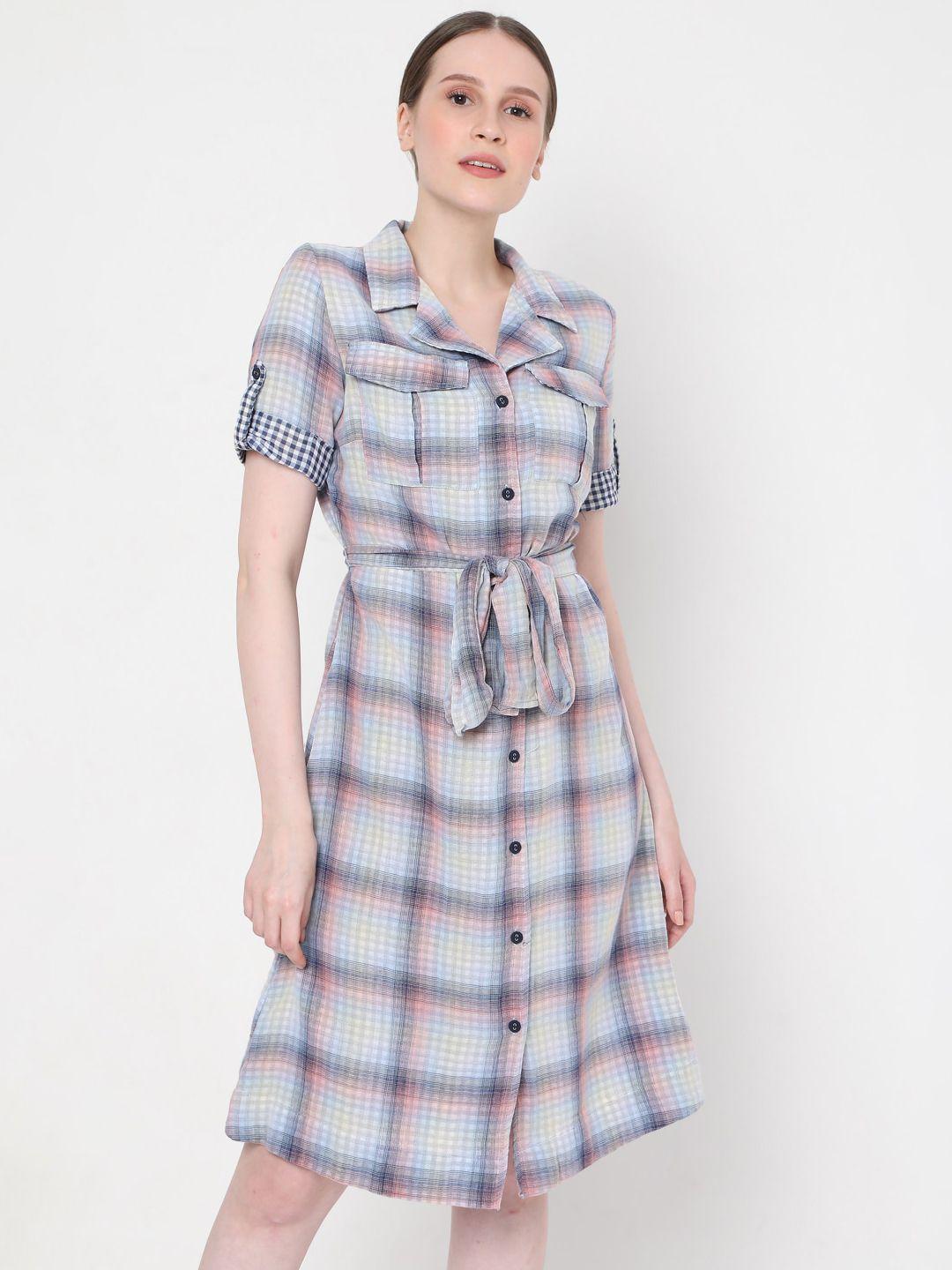 vero moda blue & grey checked shirt dress