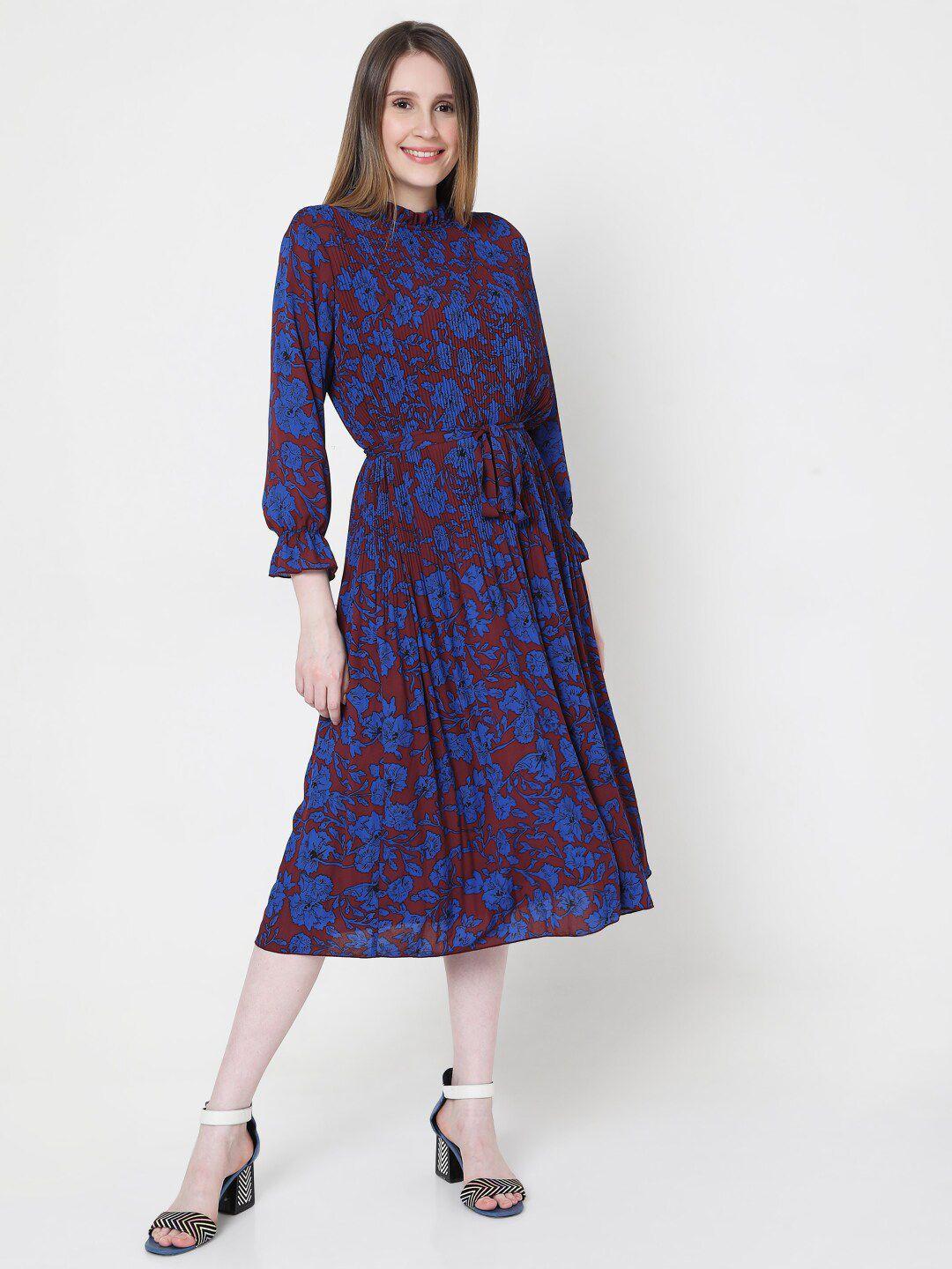 vero moda blue & maroon floral printed bell sleeves midi dress