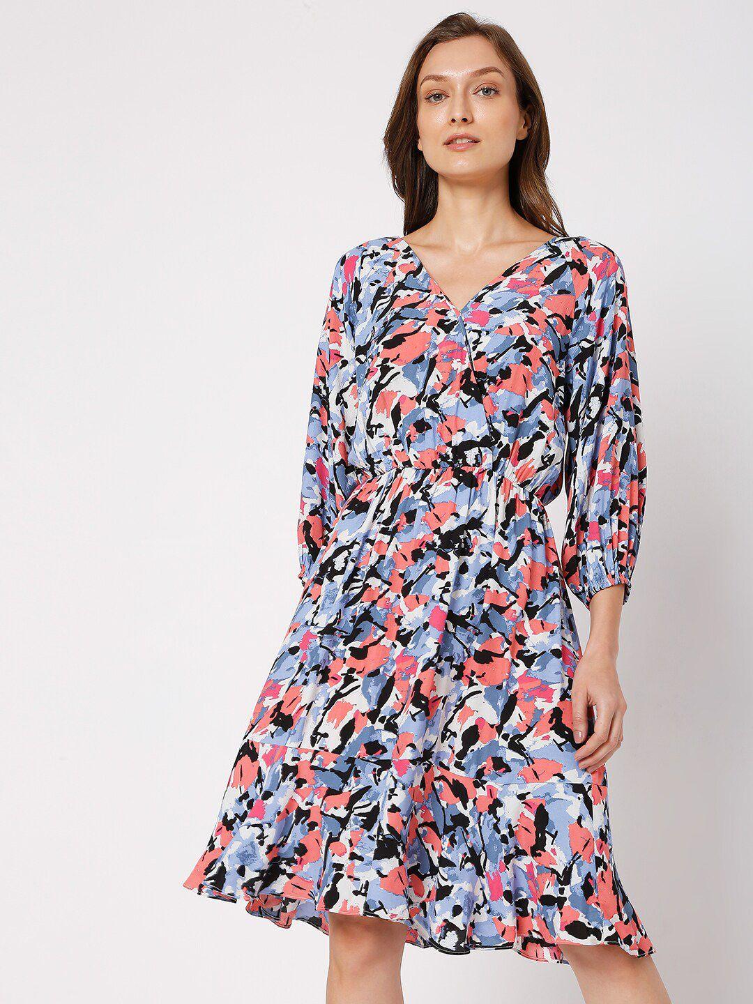 vero moda blue & peach-coloured abstract printed dress