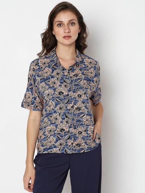 vero moda blue & peach viscose floral print shirt