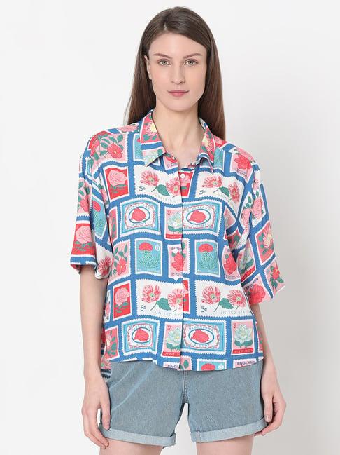 vero moda blue & pink viscose floral print shirt