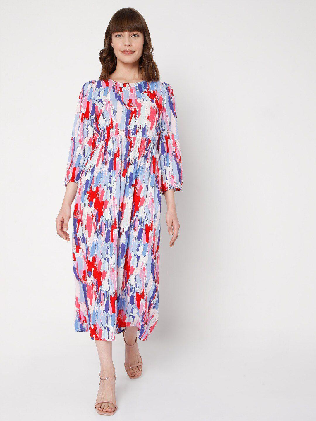vero moda blue & red printed a-line midi dress