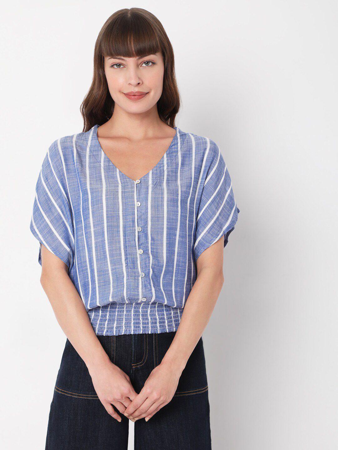 vero moda blue & white striped cinched waist top