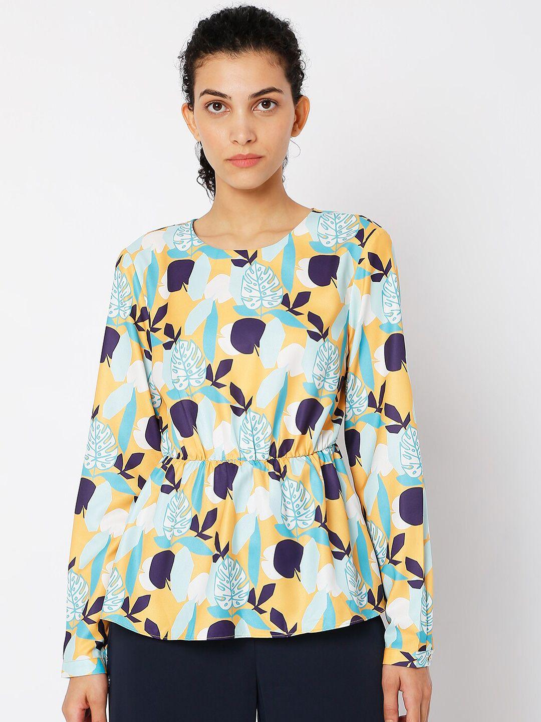 vero moda blue & yellow floral print cinched waist top