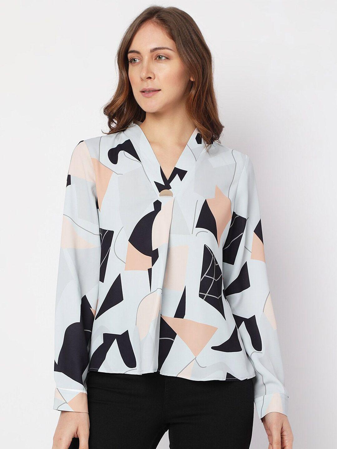 vero moda blue abstract print cuffed sleeve shirt style top