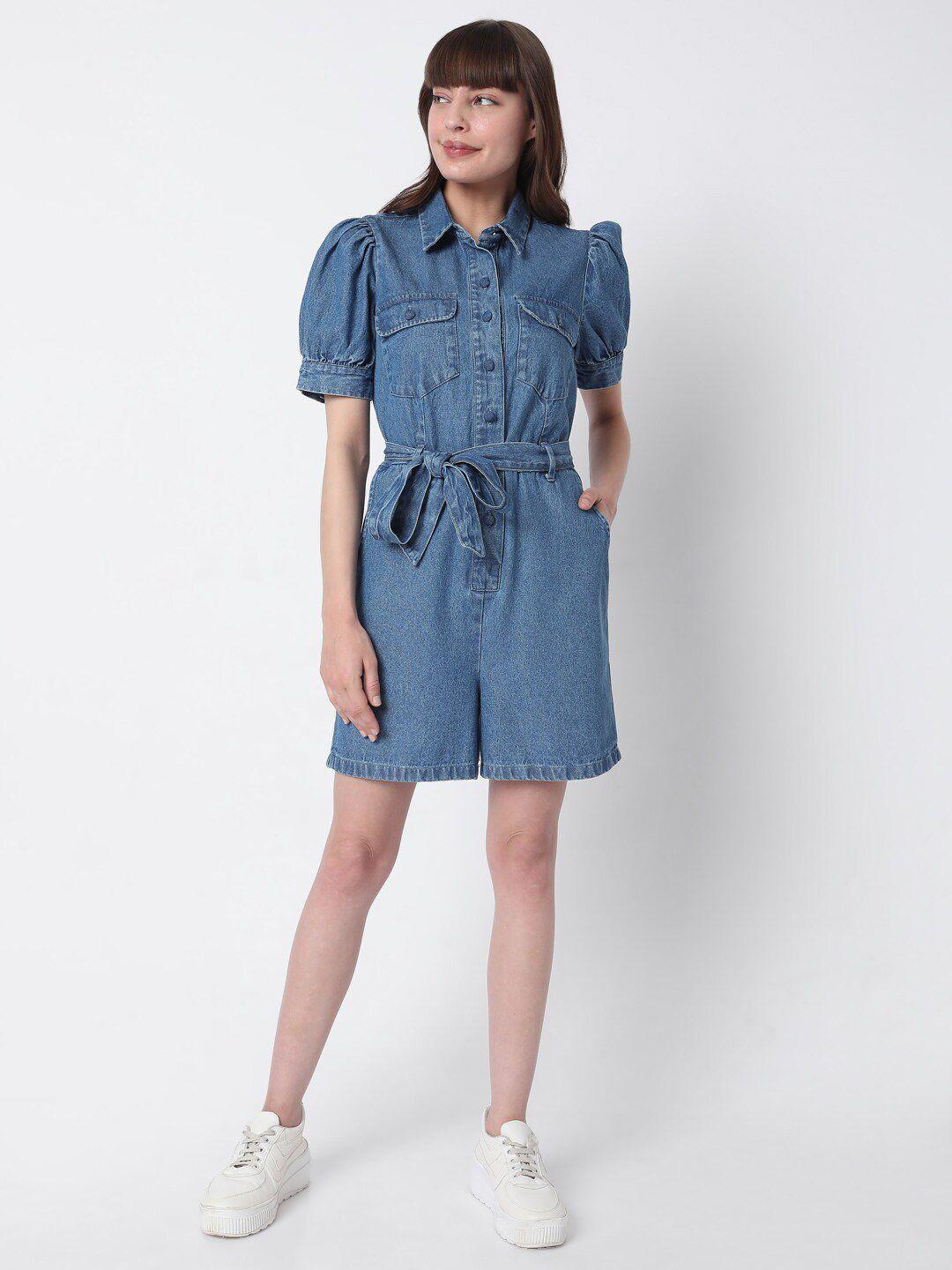 vero moda blue belted cotton denim playsuit