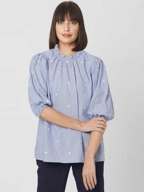 vero moda blue cotton embroidered top