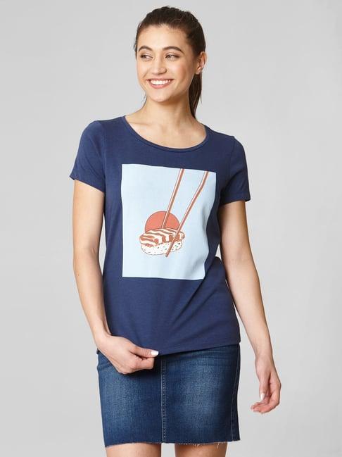 vero moda blue cotton printed t-shirt