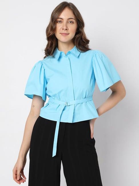 vero moda blue cotton regular fit crop shirt