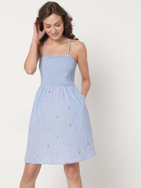 vero moda blue embroidered a line dress